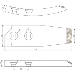 Kultivatoriaus kaltelis 215x40x20mm, grūdintas, lenktas, 2 skylių, tinka Unia 2111200020CN