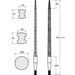 Krautuvo dantis, tiesus, dvigubas T formos profilis 36x810mm, smailus galas su M22x1,5mm veržle, raudonas, SHW FT1S