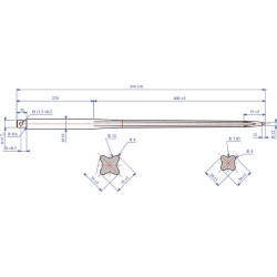 Krautuvo dantis, tiesus, žvaigždės formos, 32x860 mm, smailus galas su M35 Ø11,5 ritininiu kaiščiu, raudonas, FST FT4064