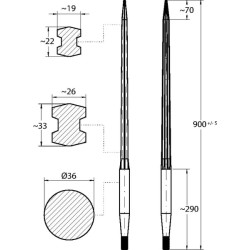 Krautuvo dantis, tiesus, dvigubas T formos profilis 36x900mm, smailus galas su M22x1,5mm veržle, raudonas, SHW FT2S