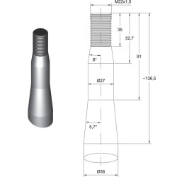 Siloso dantys, alkūniniai: 58 mm dvigubas T formos profilis 36x815 mm, smailus galas su M22x1,5 mm veržle, raudoni, SHW FT26