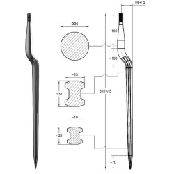 Siloso dantys, alkūniniai: 58 mm dviguba T formos sekcija 36x815 mm, smailus galas su M22x1,5 mm veržle, raudoni, SHW FT33