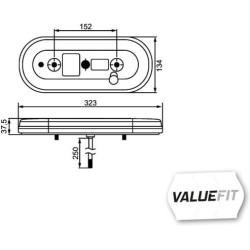 Galinis RH LED žibintas, stačiakampis, 10/30V, raudonas/gintaras/baltas, užsukamas, 323x38x134mm, Hella ValueFit 2VP357017021