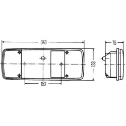Galinis žibintas LH stačiakampis, 12/24V, raudona/gintarinė/balta, užsukamas, 343x75x133mm, Hella 2SK003567331