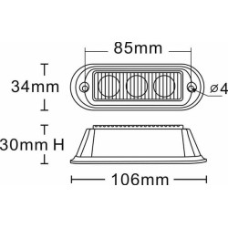 Įspėjamoji lemputė LED, 6W, 12-24V, gintarinė, užsukama, 106x34x30mm, 3 LED, Kramp LA20009