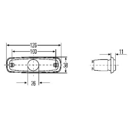 Žymeklis 3W, stačiakampis, 24V, gintarinis, korpusas: geltonas, užsukamas, 126x11x38mm, Hella 2PS962964012