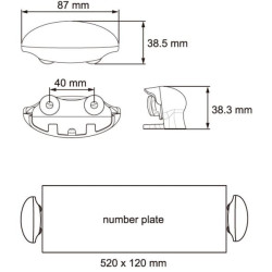 Valstybinio numerio apšvietimas LED, ovalus, 12/24V, skaidrus, užsukamas, 87x38x39mm LA26256