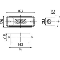 Valstybinio numerio apšvietimas LED, stačiakampis, 12V, baltas, užsukamas, 82,7x111x326 mm, ašmenų gnybtų įvorė, 4 šviesos dioda