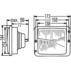 Case - IH 733 1AA004109001 Priekinis žibintas halogeninis, stačiakampis, 12/24V, skaidrus, užsukamas, 173x99x144mm, Hella