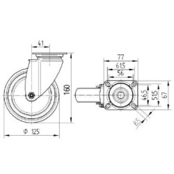 Pasukamas ratukas, guminis ratas: Ø125x32mm, plokštelės tvirtinimas: 77x67mm. Apkrova: 100kg, Tente 2470PJP125P50.