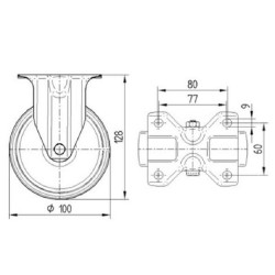 Standus ratukas, guminis ratas: Ø100x30mm, plokštelės tvirtinimas: 103x85mm. Apkrova: 70kg, Tente 3478DVJ100P62.