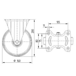 Standus ratukas, guminis ratas: Ø160x40mm, plokštelės tvirtinimas: 137x115mm. Apkrova: 135kg, Tente 3478PIR160P63.