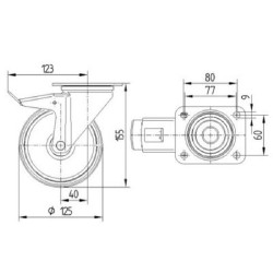 Pasukamas ratukas, guminis ratas: Ø125x37mm, su stabdžiu, plokštelės tvirtinimas: 105x85mm. Apkrova: 100kg, Tente 3477DVJ125P62.