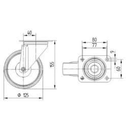 Pasukamas ratukas, guminis ratas: Ø125x37mm, plokštelės tvirtinimas: 105x85mm. Apkrova: 100kg, Tente 3470PIR125P62.