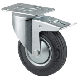 Pasukamas ratukas, guminis ratas: Ø100x30mm, su stabdžiu, plokštelės tvirtinimas: 105x85mm. Apkrova: 70kg, Tente 3477DVJ100P62.