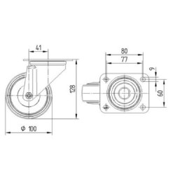 Pasukamas ratukas, guminis ratas: Ø100x35mm, plokštelės tvirtinimas: 105x85mm. Apkrova: 75kg, Tente 3470PIR100P62.