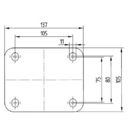 Pasukamas ratukas, poliamidinis ratas: Ø125x50mm, plokštelės tvirtinimas: 137x105mm. Apkrova: 700kg, Tente 4680TOP125P63.
