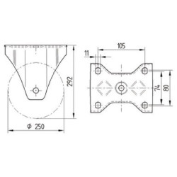 Standus ratukas, poliamidinis ratas: Ø250x50mm, plokštelės tvirtinimas: 137x105mm. Apkrova: 800kg, Tente 4688UOP250P63.