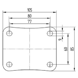 Pasukamas ratukas, poliamidinis ratas: Ø125x36mm, plokštelės tvirtinimas: 105x85mm. Apkrova: 200kg, Tente 3470HUR125P62.