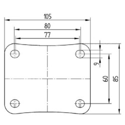 Pasukamas ratukas, guminis ratas: Ø125x36mm, su stabdžiu, plokštelės tvirtinimas: 105x85mm. Apkrova: 200kg, Tente 3477HUR125P62.