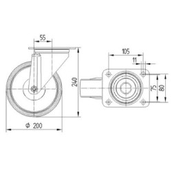 Pasukamas ratukas, poliamidinis ratas: Ø200x50mm, plokštelės tvirtinimas: 137x105mm. Apkrova: 350kg, Tente 3470UOR200P63.
