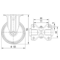 Standus ratukas, poliamidinis ratas: Ø125x36mm, plokštelės tvirtinimas: 103x85mm. Apkrova: 200kg, Tente 3478HUR125P62.