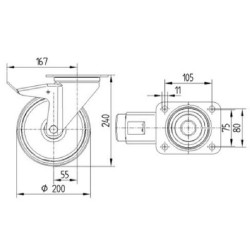 Pasukamas ratukas, poliamidinis ratas: Ø200x50mm, su stabdžiu, plokštelės tvirtinimas: 137x105mm, apkrova: 350kg, Tente 3477UOR2