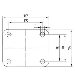Pasukamas ratukas, poliamidinis ratas: Ø80x34mm, su stabdžiu, plokštelės tvirtinimas: 105x85mm. Apkrova: 200kg, Tente 3477UOJ080