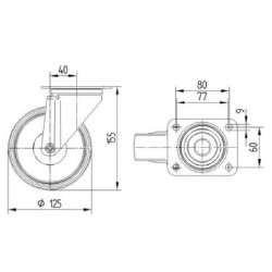 Pasukamas ratukas, poliuretano ratas: Ø125x32mm, plokštelės tvirtinimas: 105x85mm. Apkrova: 200kg, Tente 3470UAR125P62.