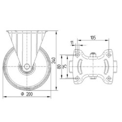 Standus ratukas, poliuretano ratas: Ø200x46mm, su stabdžiu, plokštelės tvirtinimas: 137x115mm, apkrova: 350kg, Tente 3478UAR200P