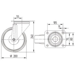 Pasukamas ratukas, poliuretano ratas: Ø200x46mm, nerūdijančio plieno plokštės tvirtinimas: 137x105mm. Apkrova: 400kg, Tente 8470