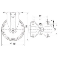 Standus ratukas, poliuretano ratukas: Ø125x32mm, nerūdijančio plieno plokštės tvirtinimas: 100x85mm. Apkrova: 200kg, Tente 8478U