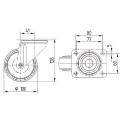 Pasukamas ratukas, poliamidinis ratas: Ø100x36 mm, nerūdijančio plieno plokštės tvirtinimas: 105x85 mm. Apkrova: 200 kg, Tente 8
