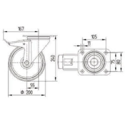 Pasukamas ratukas, poliuretano ratas: Ø200x46mm, su stabdžiu, nerūdijančio plieno plokštės tvirtinimas: 137x105mm. Apkrova: 400k