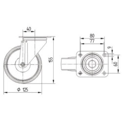 Pasukamas ratukas, poliamidinis ratas: Ø125x40mm, nerūdijančio plieno plokštės tvirtinimas: 105x85mm. Apkrova: 250kg, Tente 8470