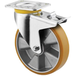 Pasukamas ratukas, poliuretano ratas: Ø200x50mm, su stabdžiu, plokštelės tvirtinimas: 137x105mm. Apkrova: 800kg, Tente 4687ITP20