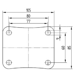 Pasukamas ratukas, guminis ratas: Ø100x40mm, su stabdžiu, plokštelės tvirtinimas: 105x85mm. Apkrova: 200kg, Tente 3477IEP100P62.