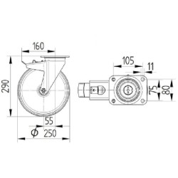 Pasukamas ratukas, poliuretano ratas: Ø250x55mm, su stabdžiu, plokštelės tvirtinimas: 137x105mm. Apkrova: 800kg, Tente 4687ITP25