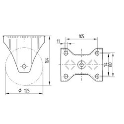 Standus ratukas, guminis ratas: Ø125x50mm, plokštės tvirtinimas: 137x115mm. Apkrova: 300kg, Tente 4688IEP125P63.