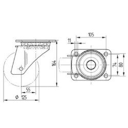 Pasukamas ratukas, guminis ratas: Ø125x50mm, plokštelės tvirtinimas: 137x105mm. Apkrova: 300kg, Tente 4680IEP125P63.