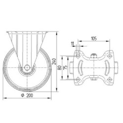 Standus ratukas, guminis ratas: Ø200x50mm, plokštelės tvirtinimas: 137x115mm. Apkrova: 75kg, Tente 3478DPR200P63.